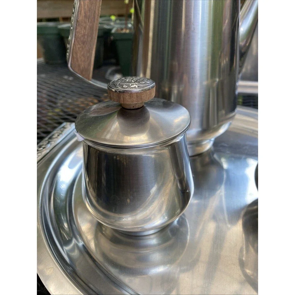 Vintage Stainless Coffee  Set 2 Tray, Creamer , Sugar Bowl, and Decanter - Japan